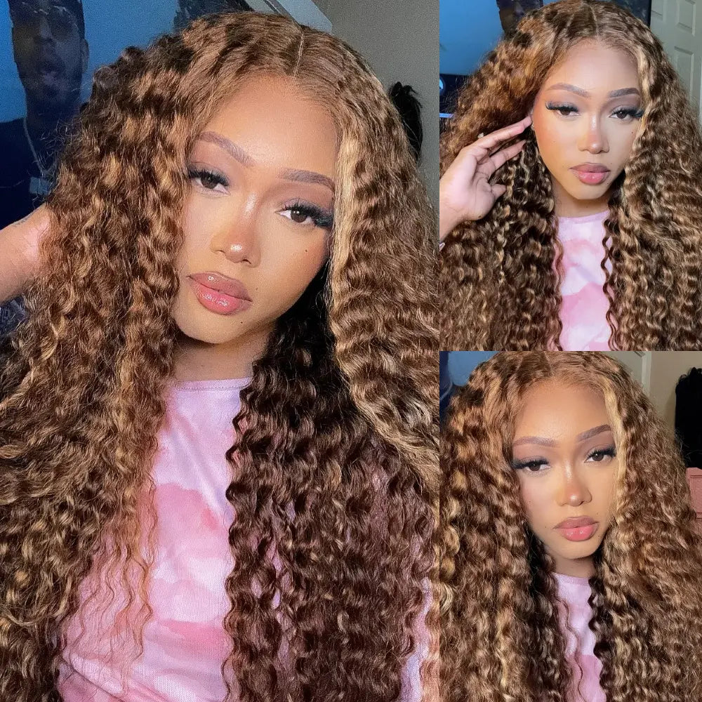 Urody 13X6 Deep Wave Lace Front Wigs Human Hair Pre Plucked 4/27 Highlight Ombre Colored Glueless Wigs Honey Blonde Lace Frontal Wigs Human with Baby Hair
